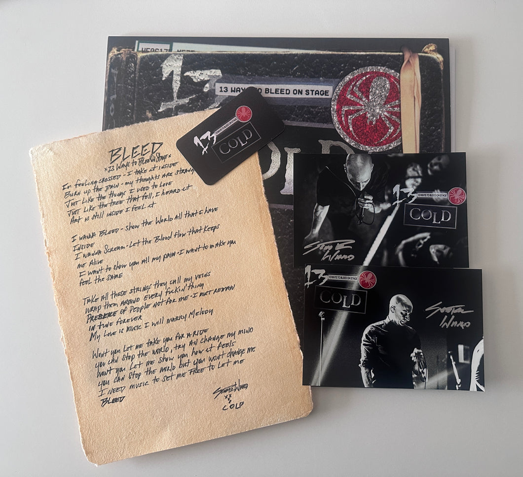 COLD handwritten lyric sheet with 2 signed photos/ one 13 Ways To Bleed signed card